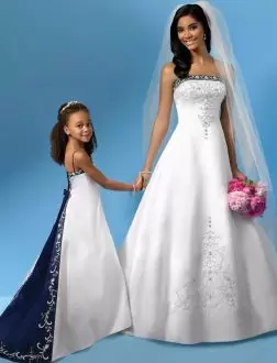 Two Tone White and Royal Satin Embroidery Wedding Dress Free Shipping