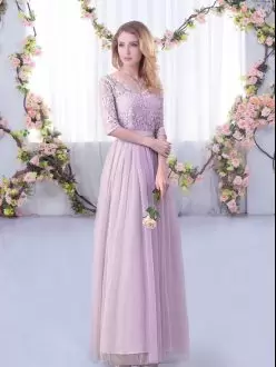 Most Popular Lavender Bridesmaid Dresses Wedding Party with Lace and Belt V-neck Half Sleeves Side Zipper