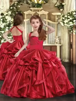 Red Ball Gowns Ruffles Winning Pageant Gowns Lace Up Organza Sleeveless Floor Length