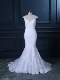 White V-neck Clasp Handle Beading and Lace Wedding Gown Brush Train Sleeveless