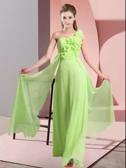Affordabale Light Green One Shoulder 3D Flowers Long Bridesmaid Dress Chiffon