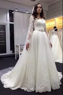 Edgy White Off The Shoulder Zipper Appliques and Belt Wedding Dresses Court Train Long Sleeves