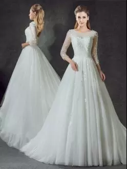 3 4 Length Sleeve Lace Lace Up Bridal Gown with White Court Train