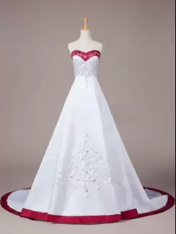 Pretty White and Burgundy Embroidery Satin Wedding Dress with Sweep Train