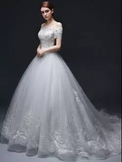 Most Popular Organza and Tulle Off The Shoulder Short Sleeves Court Train Lace Up Beading and Appliques Bridal Gown in White