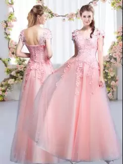 On Sale Pink Tulle Lace Up Wedding Party Dress Cap Sleeves Floor Length Beading and Appliques