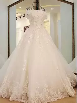 Champagne Wedding Dress Wedding Party with Beading and Appliques and Bowknot Off The Shoulder Sleeveless Sweep Train Lace Up