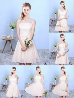Extravagant Champagne Empire Chiffon One Shoulder Sleeveless Lace Knee Length Lace Up Bridesmaid Dress