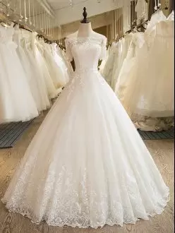 Short Sleeves Floor Length Lace Appliques Off Shoulder Wedding Dress No Train