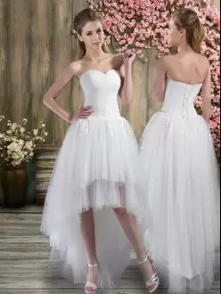 Gorgeous White A-line Sweetheart Sleeveless Tulle High Low Lace Up Ruching Wedding Gowns