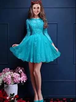 Delicate Mini Length Aqua Blue Bridesmaids Dress Scalloped 3 4 Length Sleeve Lace Up