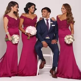 Luxury Burgundy Bridesmaid Gown Party and Wedding Party with Lace V-neck Sleeveless Sweep Train Lace Up