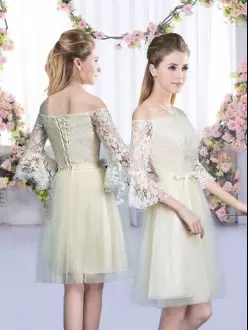 Edgy Champagne Tulle Lace Up Bridesmaid Dresses 3 4 Length Sleeve Mini Length Lace and Bowknot