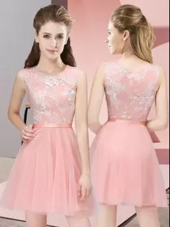 Baby Pink A-line Scoop Sleeveless Tulle Mini Length Side Zipper Lace Court Dresses for Sweet 16