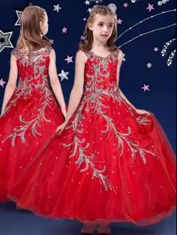 Popular Ankle Length Red Pageant Gowns For Girls Scoop Sleeveless Zipper