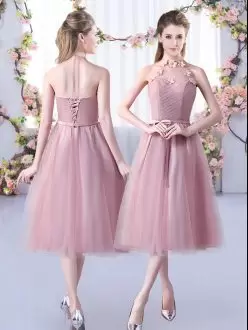 Sophisticated Pink Empire Appliques and Belt Damas Dress Lace Up Tulle Sleeveless Tea Length