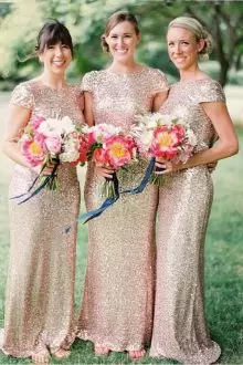 Gold Sequined Backless Bridesmaid Dress Short Sleeves Floor Length Ruching