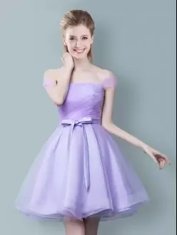 Lilac Tulle Off Shoulder Ruching Short Bridesmaids Dress with Bowknot