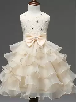 Simple Champagne Zipper Little Girls Pageant Dress Lace and Ruffled Layers and Bowknot Sleeveless Knee Length