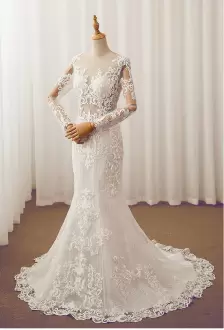 Super White Lace Up Bridal Gown Long Sleeves Sweep Train Appliques