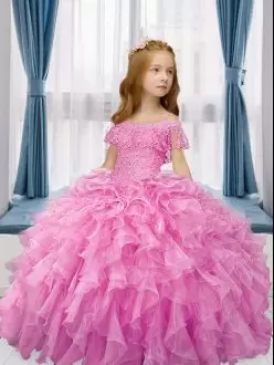 Rose Pink Sleeveless Organza Lace Up Little Girls Pageant Dress Wholesale for Party and Wedding Party