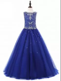 Fantastic Tulle Scoop Sleeveless Lace Up Beading Flower Girl Dress in Royal Blue