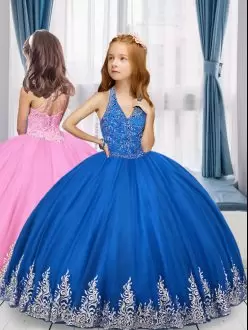 Royal Blue Lace Up V-neck Embroidery Pageant Dress Tulle Sleeveless