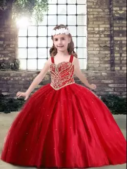 Tulle Sleeveless Floor Length Kids Formal Wear and Beading