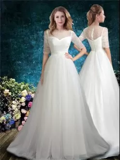 Best Selling Half Sleeves Beading Zipper Wedding Dresses with White Brush Train