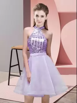 Lavender Halter Top Sequin Backless Short Dama Dress for Quinceanera