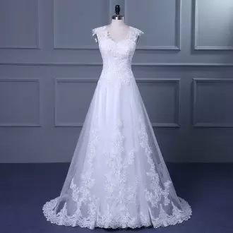 Most Popular A-line Cap Sleeves White Wedding Gown Sweep Train Backless