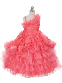 Inexpensive Watermelon Red Organza Lace Up Asymmetric Sleeveless Floor Length Pageant Dress Toddler Lace and Ruffles and Ruffled Layers