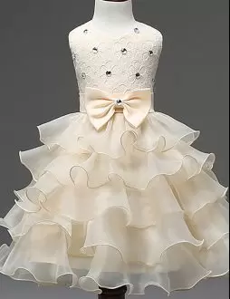 Delicate Champagne A-line Scoop Sleeveless Organza Mini Length Zipper Beading and Ruffled Layers Flower Girl Dress