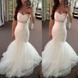 White Lace Up Sweetheart Beading and Ruching Wedding Gowns Tulle Sleeveless
