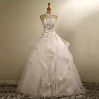 High Quality White Wedding Dresses Wedding Party with Beading and Appliques and Ruffles Halter Top Sleeveless Lace Up