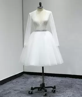 Popular White A-line Tulle V-neck Long Sleeves Beading and Lace and Belt Knee Length Lace Up Wedding Gown