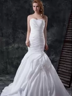 Delicate Sweetheart Sleeveless Wedding Gown With Brush Train Ruching and Pick Ups and Hand Made Flower White Taffeta