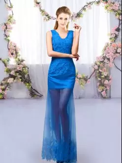 Stylish Sleeveless Tulle Floor Length Lace Up Wedding Party Dress in Royal Blue with Lace