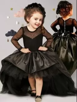 Black Scoop Clasp Handle Bowknot Toddler Flower Girl Dress Brush Train Long Sleeves