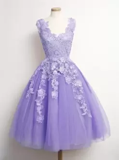 Nice Lavender Tulle Lace Up Bridesmaid Dresses Sleeveless Knee Length Appliques