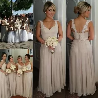 Floor Length Champagne Bridesmaid Gown Chiffon Sleeveless Lace