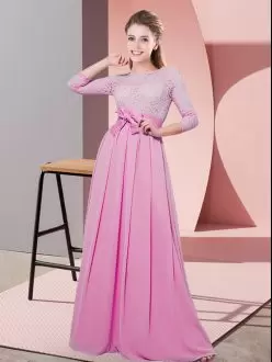 Ideal Chiffon Scoop 3 4 Length Sleeve Side Zipper Lace and Belt Wedding Guest Dresses in Rose Pink