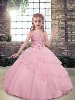 Floor Length Lace Up Little Girls Pageant Dress Wholesale Pink for Sweet 16 and Wedding Party with Beading