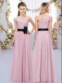 Elegant Pink Bridesmaid Dress Wedding Party with Belt One Shoulder Sleeveless Zipper