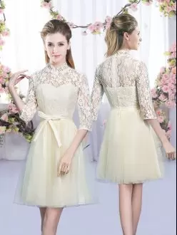Champagne High-neck Neckline Bowknot Wedding Guest Dresses Half Sleeves Lace Up