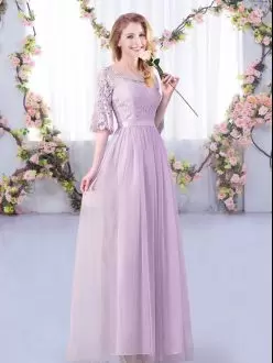 Delicate Scoop Half Sleeves Wedding Guest Dresses Floor Length Lace and Belt Lavender Tulle