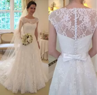 Discount Lace Cap Sleeve Lace Wedding Dress With Buttons Back Down Cathedral Train