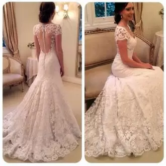White Mermaid Lace V-neck Short Sleeves Lace With Train Zipper Wedding Gown Brush Train