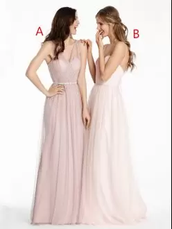 Dynamic Pink Zipper V-neck Beading and Ruching Bridesmaid Dress Tulle Sleeveless