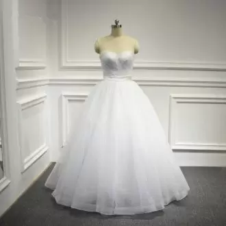 Fancy Sweetheart Sleeveless Wedding Dress Floor Length Appliques and Belt White Tulle
